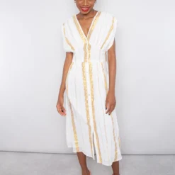 Louise Misha Robe Tylia White & Gold Stripes -Pas Cher Vestylis Magasin large IMG 4102
